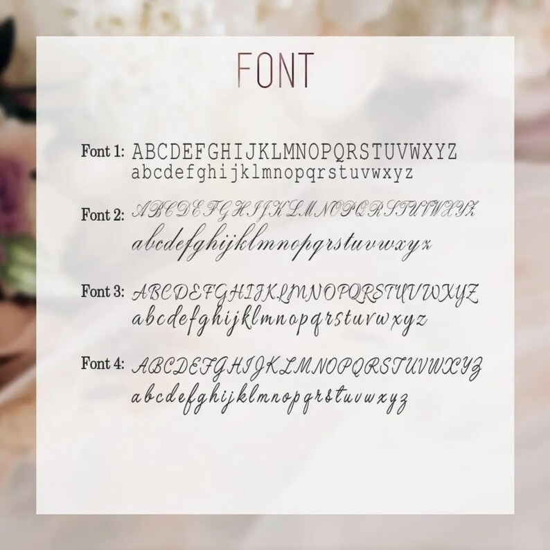 May include: Four different fonts are displayed in black ink on a white background. The fonts are labeled as Font 1, Font 2, Font 3, and Font 4. Each font displays the alphabet in uppercase and lowercase letters.