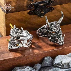 Bague réglable pour homme fantôme Oni, bague démon Hannya fantôme, bague cool sur le thème japonais, cadeaux bijoux gothiques vintage pour homme/mari/petit ami