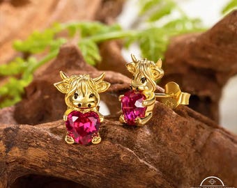 Pendientes de vaca de las Tierras Altas personalizados, plata de ley, con piedra de nacimiento inspirada en la naturaleza escocesa, regalo para mujeres, niñas y adultas.