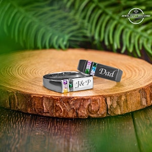 Custom Family Birthstone Men&#39;s Ring, Personalized Sterling Silver Birthstone Ring, Father&#39;s Day/Memorial Gifts for Men/Dad/Husband/Family
