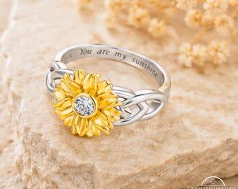 Custom Name Sunflower Birthstone Ring, Personalize Engraved Floral Flower Band Charm, You are My Sunshine Minimalist Unique Monogram Jewelry