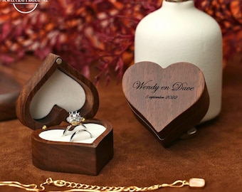 Personalized Wooden Ring Box, Engraved Engagement Wedding Ring Holder, Heart Shaped Proposed Jewelry Gift Case for Couples, Brides, Grooms
