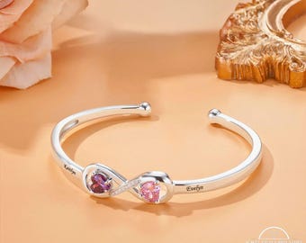 Custom Infinity Bangle with Names, Personalized Heart Birthstone Cuff, Dainty Adjustable Silver Bracelet, Family Couple Statement Wristband