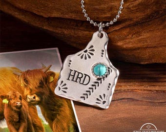 Custom Cow Tag Name Necklace, Cowgirls Turquoise Western Jewelry, Engraved Women Cattle Logo Initial Pendant, Gifts for Mom/Wife/Daughter