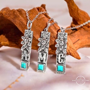 Collar con inicial de barra vertical personalizado, colgante estilo bohemio turquesa, joyería con nombre grabado, collar minimalista, regalos para mujeres, esposas y niñas