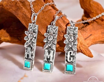 Custom Vertical Bar Initial Necklace, Turquoise Boho Style Pendant, Engraved Name Jewelry, Minimalist Necklace Gifts for Women, Wife, Girls