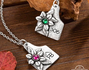 Custom Cow Tag Birthstone Necklace with Name or Logo, Personalized Mother of Pearl Cattle Tag Necklace, Cowgirl Jewelry Gifts for Women/Wife