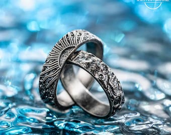 Sun & Moon Matching Promise Rings, Couple Ring Jewelry Set Bands, Wedding Anniversary Engagement Gift for Her, Him, Wife, Lovers, Girlfriend