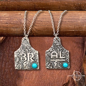 Benutzerdefinierte Name Kuh Tag Halskette, gravierte Frauen Rinder-Logo Anfang Anhänger, Cowgirls Türkis Western Schmuck, Geschenke für Mutter / Frau / Tochter