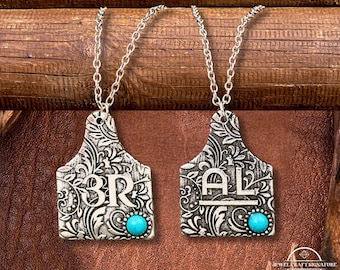 Custom Name Cow Tag Necklace, Engraved Women Cattle Logo Initial Pendant, Cowgirls Turquoise Western Jewelry, Gifts for Mom/Wife/Daughter