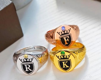 Custom Initial Crown Signet Ring, Personalized Letter Birthstone Ring, Royal Crest Engraved Band, Monogram Shield Family Crest Jewelry Gifts