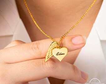 Custom Angel Wing Memorial Necklace, Personalized Dainty Name Heart Pendant with Wings, Sympathy Keepsake Gifts for Family/Friend/Women