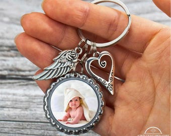 Personalized Memorial Photo Keychain with Angel Wings & Heart Charm, Custom Small Disc Keepsake Keyring, Sympathy Gift for Loss of Loved One