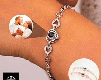 Custom Photo Projection Bracelet, Heart Pendant Memorial Picture Bracelet, 18k Gold Plated Image Bangle Jewelry Gifts for Her, Women, Wife