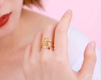 Custom Name Stethoscope Ring with Birthstone, Silver Charm Ring for Medical Professionals, Gifts for Nurse/Graduation/Doctor/Medical Staff