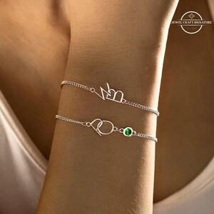 Custom Two Initials Bracelet with Birthstone, Stackable Name Charm Bangle, Interlocking Letters Curb Chain Wristband