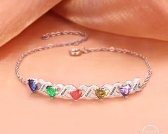 Custom Heart Birthstones Bracelet with Name, Family Birthstone Jewelry, Engraved Mother&#39;s Day Name Bracelet, Gifts for Mom/Women/Wife/Sister