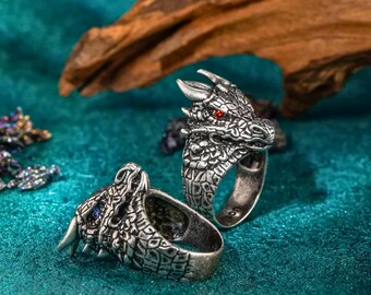 Custom Gothic Dragon Men's Ring, Personalized Birthstone Fantasy Medieval Jewelry, Chunky Dragon Ring Gifts for Men, Husband, Father, Friend
