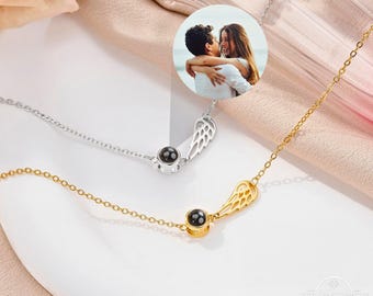 Custom Photo Projection Angel Wing Necklace, Personalized Picture Inside Pendant, Anniversary Birthday Memorial Gift for Wife Mom Girlfriend