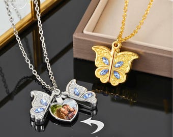 Aangepaste vlinder hart medaillon ketting, sierlijke slot opening ketting, gepersonaliseerde roestvrijstalen foto medaillon hanger, cadeaus voor meisje, moeder, vrouw