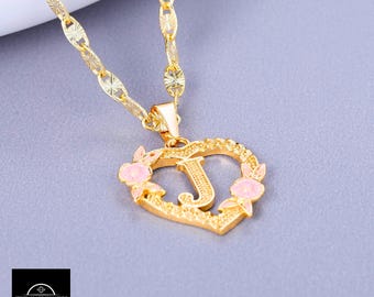 Custom Heart Flower Initial Pendant Necklace, Personalized Letter 18K Gold Necklace with Figaro Chain, Unique Gifts for Women, Wife, Mom