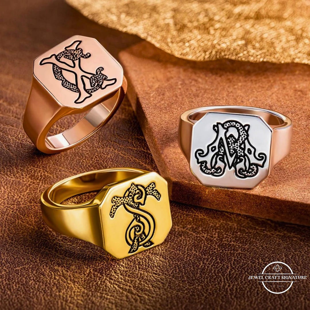 Custom Double Initials Signet Ring, Personalized Engraved Two Letters ...