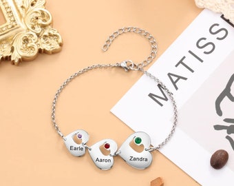 Personalized 1-6 Kids Name Bracelet for Women Mother Mom Grandma, Custom Engraved Birthstone Heart Charm Bracelets, Gifts for Her, Mom, Wife