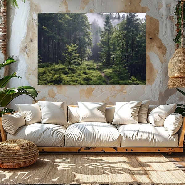 Wanddeko vom Wald bei Morgendämmerung Nebel Grün Bäume Natur Landschaft Natur Wand Kunst Bild Foto Leinwand Druck Deko Artikel Wandgemälde