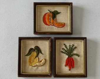 Vintage Sunset Design Framed Crewel Needlepoint Fruit and Vegetable Set of 3 | Farmhouse Decor | Cottagecore | Carrots | Oranges | Pears