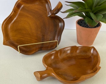 Vintage Hawaii Monkey Pod Wood Leaf Dish And Bowl | Stamped | Serving Dish | Catchall | Tropical | Luau