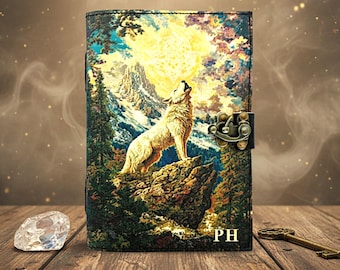 Personalized Howling Wolf Journal, Mystical leather Notebook, Spirit Animal Grimoire, Gothic Spell Book, Wiccan Book of Shadows Vintage Gift
