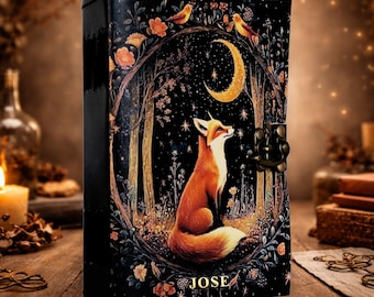 Celestial Fox Grimoire Journal | Personalized Moon & Stars Spell Book | Gothic Sketchbook | Witchy Pagan Leather Notebook Gift
