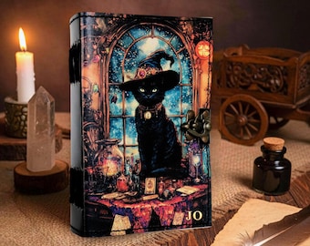 Diario grimorio de gato de cuero personalizado, libro de hechizos vintage de las sombras, cuaderno gótico artesanal, brujería, regalos para wiccanos y paganos.