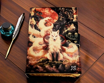 Nine Tailed Fox Kitsune Leather Journal, Personalized Japanese Mystical Grimoire, Fantasy Sketchbook Japanese Folklore Anime Gift for him