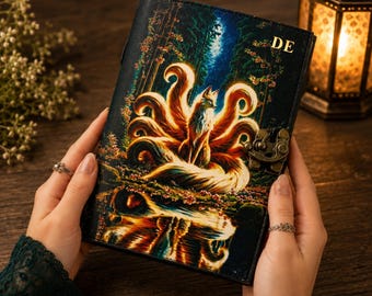 Kitsune Nine Tails Fire Fox Journal, Personalized Fantasy Leather Grimoire, Japanese Spell Book Gift, Anime Sketchbook gift