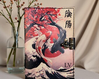 Japanese Koi Cherry Blossom Leather Sketchbook Personalized Handmade Pisces Notebook, Zen Art Journal, Yin Yang Journal, Gift for Girlfriend