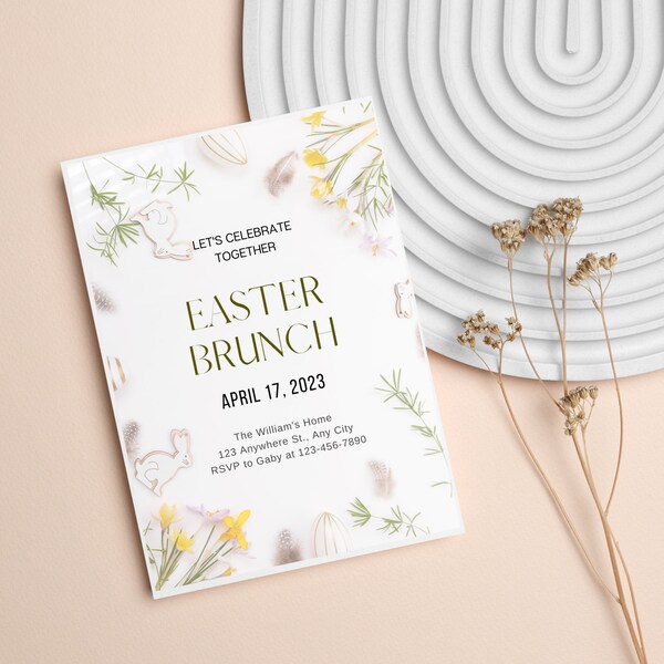 Easter Floral Background Easter Brunch Invitation Card, Easter Lunch Invites, Easter Dinner Card, Editable Invitation, Easter Family Cards