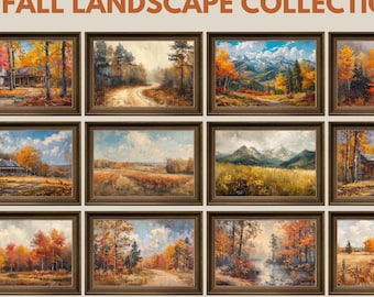 May include: A collection of framed landscape paintings featuring autumnal scenes. The artwork showcases vibrant fall foliage, rustic cabins, winding roads, and mountain vistas. The text "FALL LANDSCAPE COLLECTION" and "-KENSINGTON PRINTS- FRAME TV ART" are displayed.