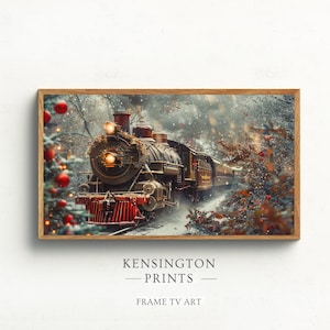 May include: A vintage steam train engine with red and black details travels through a snowy forest with red berries and evergreen trees. The train is covered in snow and the scene is reminiscent of a winter wonderland.