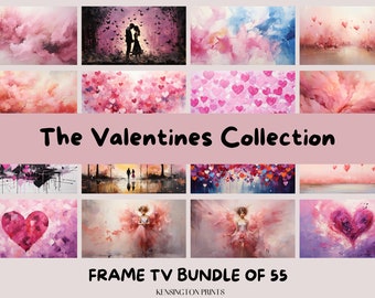 May include: A collage of 12 watercolor paintings featuring romantic themes. The paintings depict hearts, couples, and angels in shades of pink, red, and white. The text "The Valentines Collection" and "FRAME TV BUNDLE OF 55" is displayed on the image.