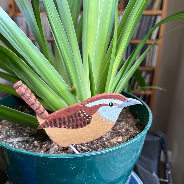 Carolina Wren - Life-size, handmade, hand-painted wooden Carolina Wren. Perfect for your window box or house plants!