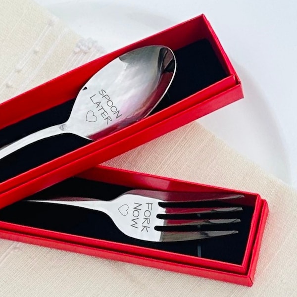 Fork Now-Spoon Later: Cheeky Valentine's Day utensil set, Romantic fork and spoon set, Couples' Valentine's Day dining set