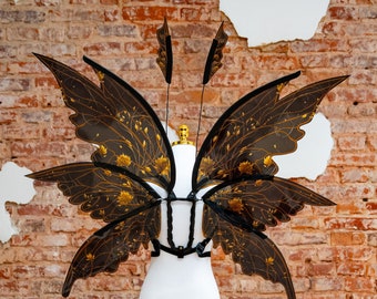 Disfraz de alas de hada negra: detalles dorados, accesorio de cosplay