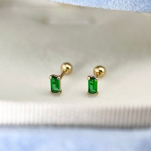 14K Solid Gold Emerald Green Gemstone Dainty Screw Back Stud Earrings, 14K Yellow Gold Simple Minimalist Small Emerald Cartilage Piercing