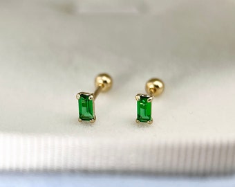 14K Solid Gold Emerald Green Gemstone Dainty Screw Back Stud Earrings, 14Kt Yellow Gold Simple Minimalist Small Emerald Cartilage Piercing