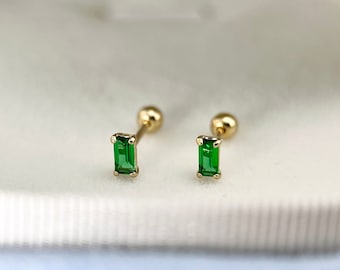 14K Solid Gold Emerald Green Gemstone Dainty Screw Back Stud Earrings, 14K Yellow Gold Simple Minimalist Small Emerald Cartilage Piercing