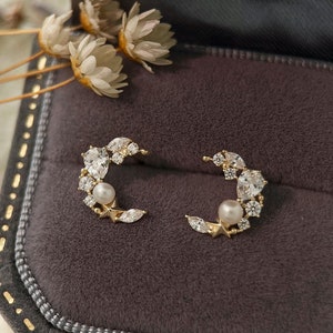 Real Solid Gold Crescent Moon Stud Earrings, 9K Solid Gold Dainty Pearl Moon Studs, Delicate Yellow Gold Moon Shaped Earrings, Gift for Her