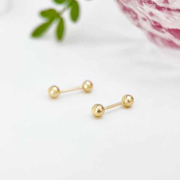 14K Solid Gold Dainty Small Ball Stud Earrings, Real Solid Gold Screw Back Simple Cartilage Piercing, Minimalist Earrings, Gift for Her