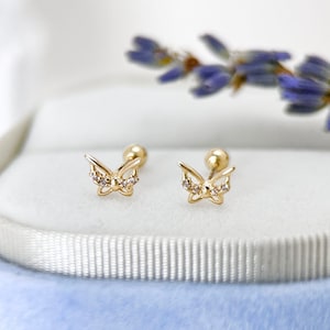 Orecchino a perno a farfalla delicato in oro massiccio 14K, vero piercing a perno a vite delicato in oro massiccio, orecchino a molla per cartilagine, regalo per lei