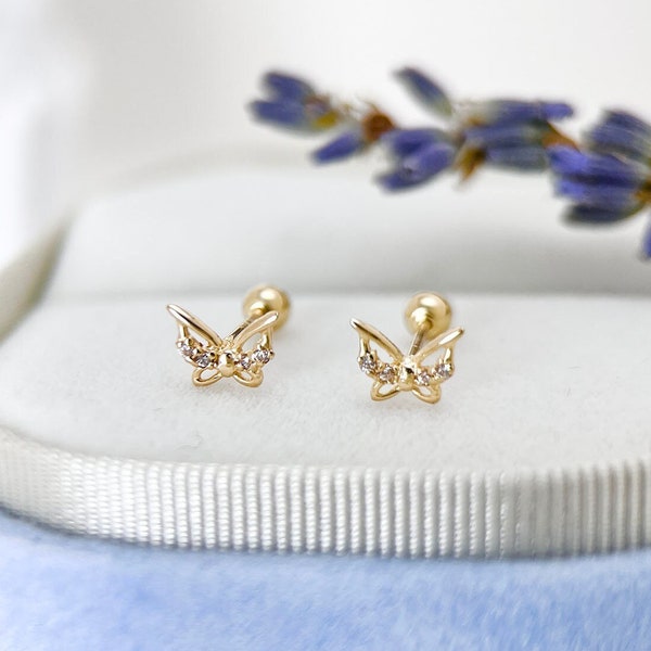 14K Solid Gold Delicate Butterfly Stud Earring, Real Solid Gold Dainty Screw Back Stud Piercing, Spring Cartilage Earring, Gift for Her